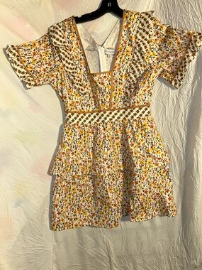 Lost + Wander White Floral V-Neck Tiered Mini Dress with Yellow & orange accents